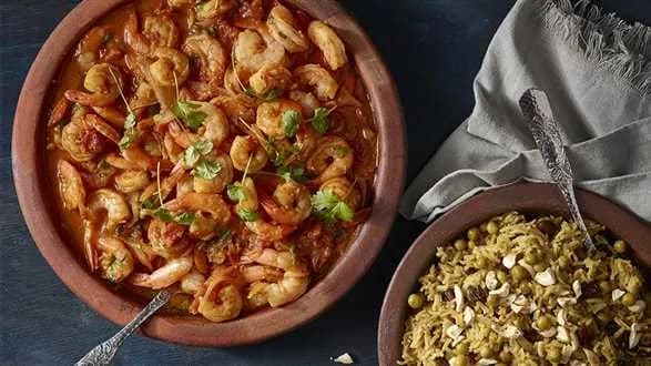 Krewetki w sosie pachnącym Indiami z ryżem basmati