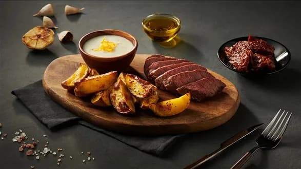 Stek wołowy z ziemniaczkami i musem z pieczonego czosnku