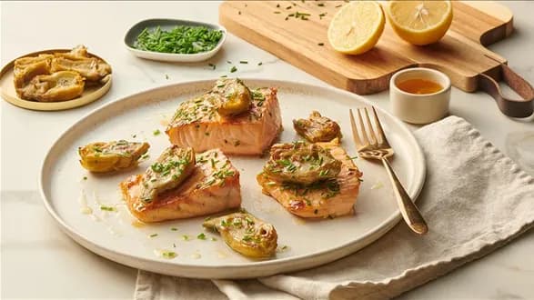 Steki z łososia w sosie cytrynowym z karczochami
